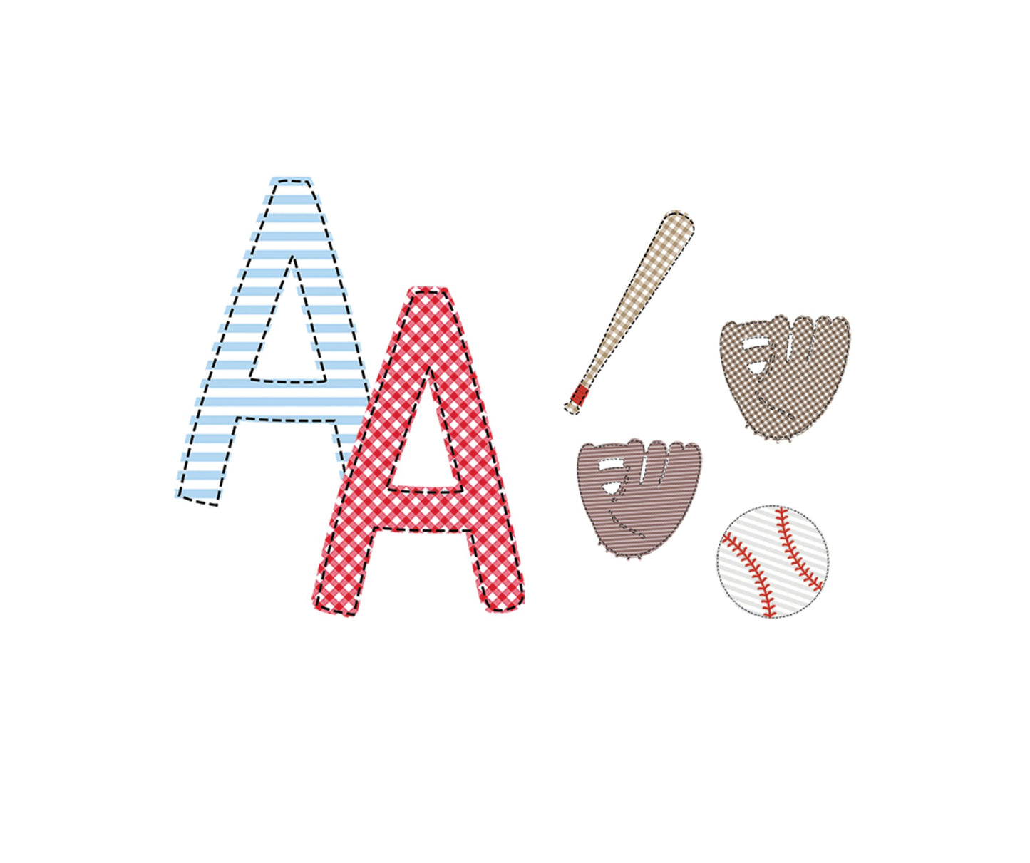 Faux Applique Baseball Font- Red & Baby Blue