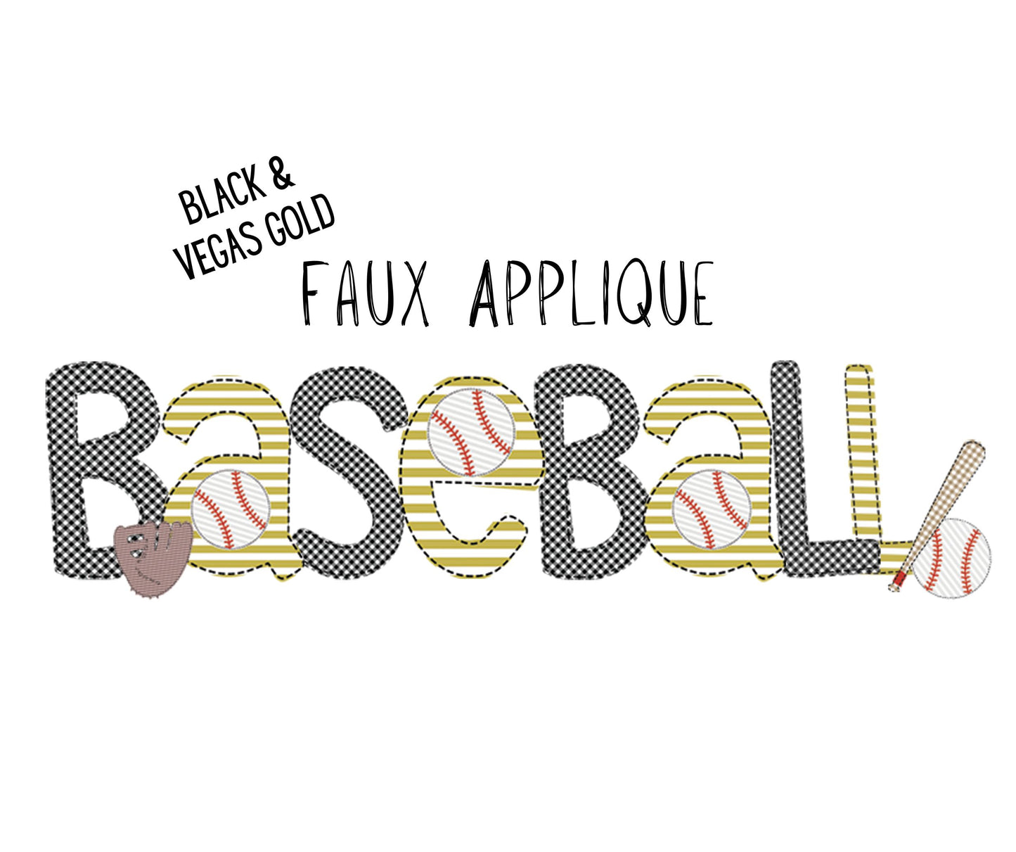 Faux Applique Baseball Font- Black & Vegas Gold