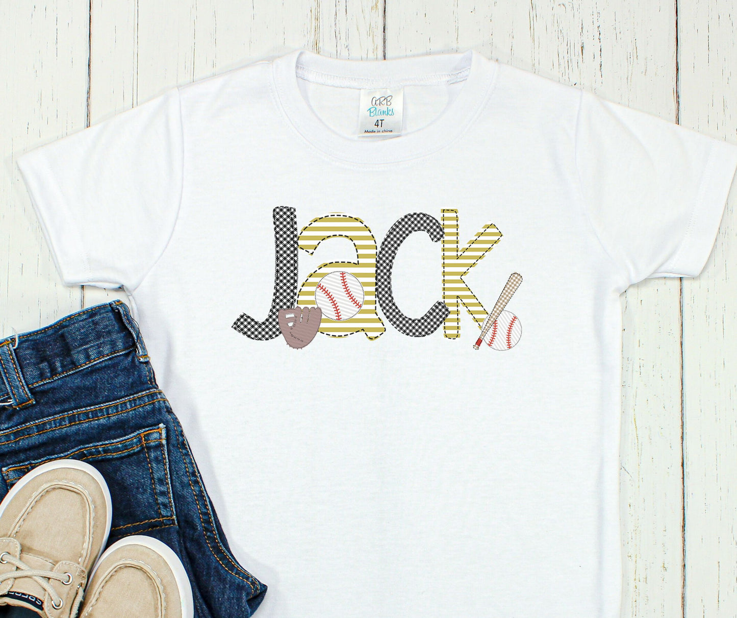 Faux Applique Baseball Font- Black & Vegas Gold