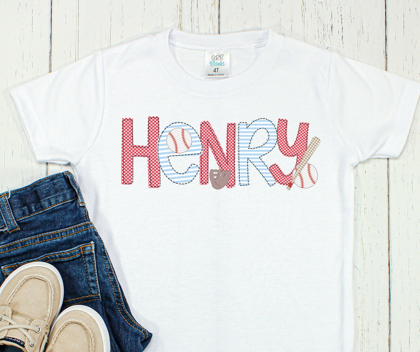 Faux Applique Baseball Font- Red & Baby Blue